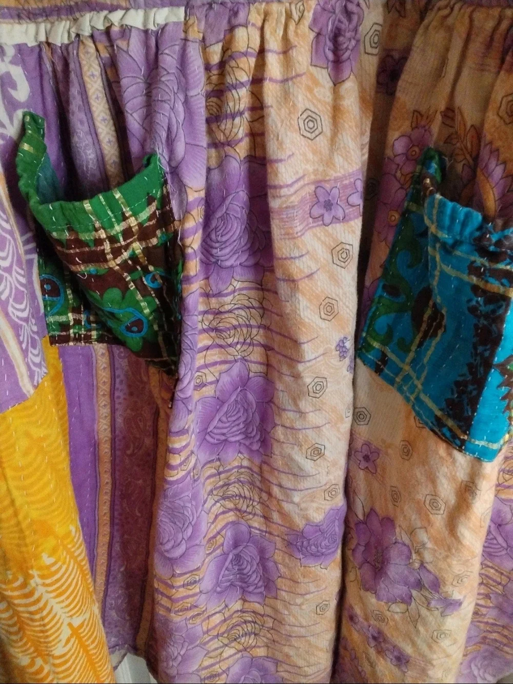 Kantha Patchwork Babydoll Dress Mixed Print Boho Artisan Pockets